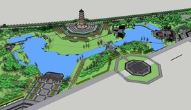 中式景观园林湖公园古塔广场游园