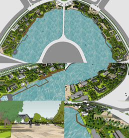 中式景观湖沿河公园广场花园游园