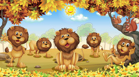 手绘卡通狮子动物风景背景