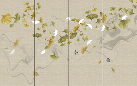 大型分层银杏花鸟屏风壁画