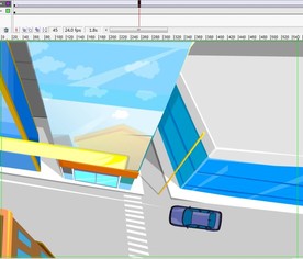 俯视蓝色汽车在大厦底下穿过6秒