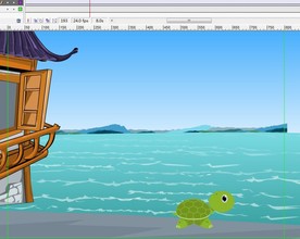 古代卡通乌龟在海洋边走过12秒