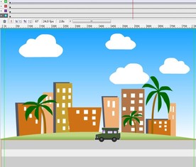 绿色卡通汽车经过城市5秒
