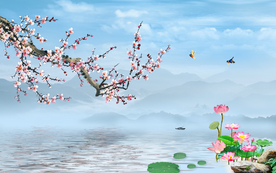 大型唯美桃花荷花山水画背景墙
