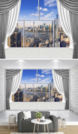 3D立体阳台窗户城市沙发背景墙