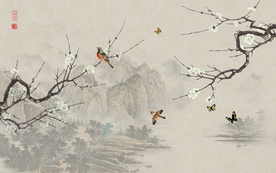 大型禅意水墨山水花鸟背景壁画