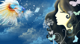 手绘蓝天白云女孩蒲公英背景墙