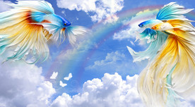 3D立体蓝天白云彩虹背景墙