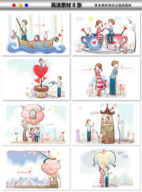 情侣可爱卡通人物手绘温馨海报