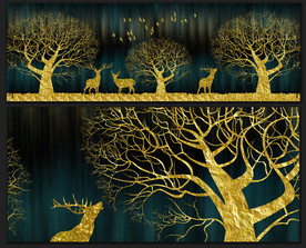 抽象金色树林麋鹿飞鸟晶瓷画装饰