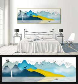 新中式抽象山水意境鹿飞鸟装饰画