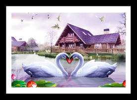 浪漫天鹅湖木屋装饰画