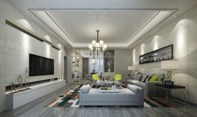 现代别墅客厅 沙发 茶几 餐厅