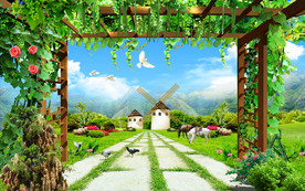 清新花架田园风车电视背景墙