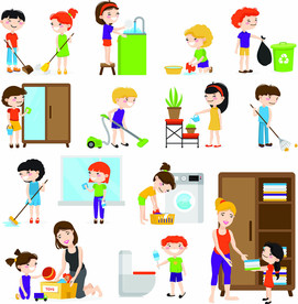 家庭大扫除卡通人物插画