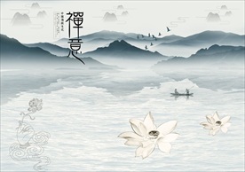 禅意新中式水墨山水壁画