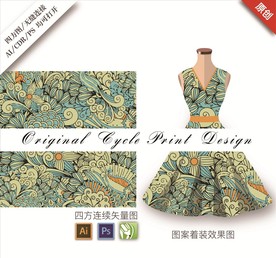 抽象矢量花草循环印花背景图案