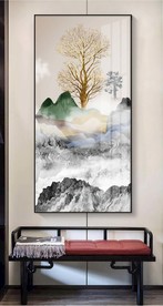 新中式山水发财树玄关装饰画