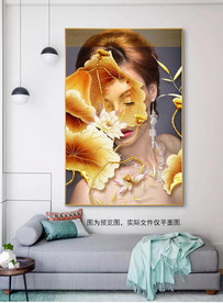 黄色荷叶荷花美女北欧装饰画