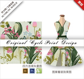 手绘矢量鸟花草中国风印花图案