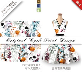 手绘矢量花卉小碎花清新印花背景