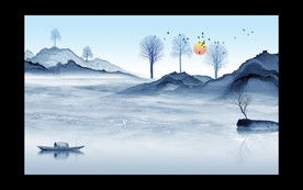 中式意境山水红日电视背景墙