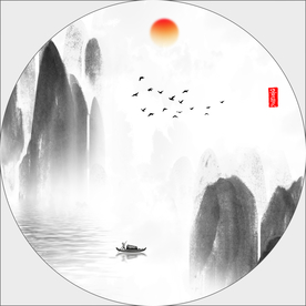 水墨画 圆形山水壁画