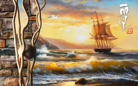 一帆风顺油画电视背景墙