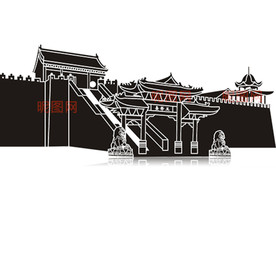古代城墙门楼石狮剪影矢量图
