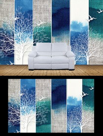 中式艺术水彩布纹电视背景墙壁画