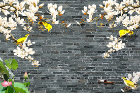 玉兰花鸟中式青砖背景墙