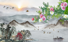 原创牡丹水墨山水背景墙