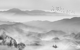 中式灰色飞鸟山水画