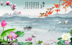 原创梅花荷花飘香私语背景墙