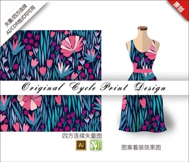 矢量色块清新手绘草花朵图案