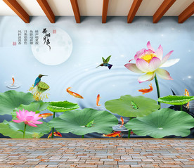 原创荷花鲤鱼荷塘月色背景墙