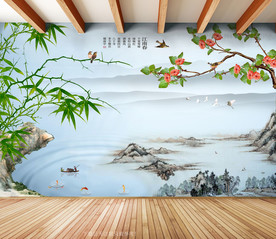 竹子花鸟水墨山水江南春背景墙