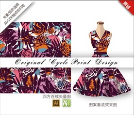 矢量丛林手绘树叶鸟循环图案