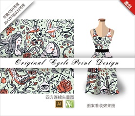 原创矢量手绘女人花朵循环图案