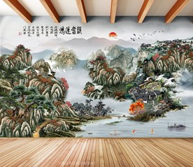 原创水墨山水风景鸿运当头背景墙
