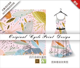 原创抽象手绘涂鸦花叶循环图案