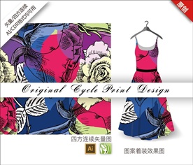 原创抽象手绘花纹玫瑰循环图案