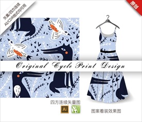 原创手绘涂鸦鸟狐狸循环图案