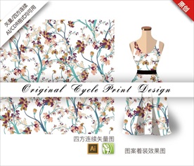 原创手绘中国风桃花循环图案