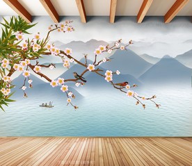 原创梅花竹子花鸟背景墙装饰画