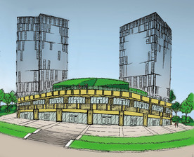 科技办公商务大厦纯手绘卡通动漫