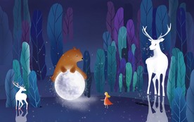 月亮上的熊手绘北欧壁画