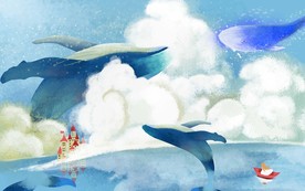 北欧手绘鲸鱼天空背景墙壁画