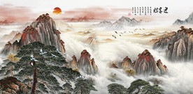 原创水墨山水迎客松风景画背景墙