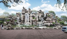 龟纹石假山效果图水系跌水方案